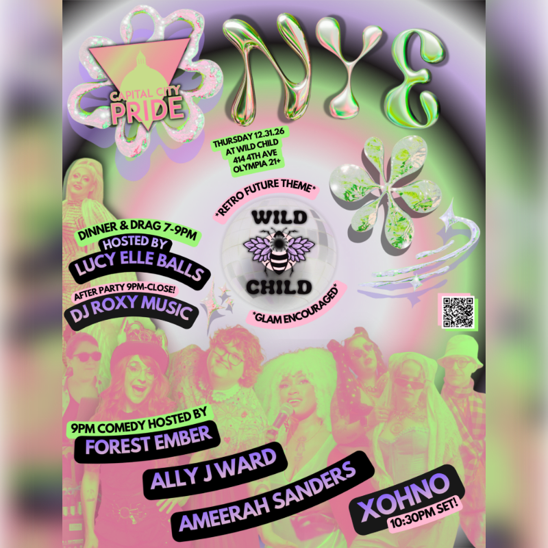 A colorful New Year's Eve event flyer features bold text and performer photos in the foreground against a psychedelic, swirling purple and green background.