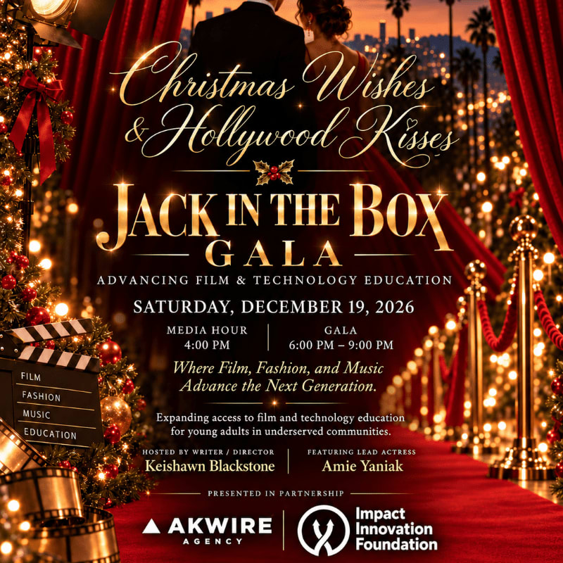 A festive gala invitation features a decorated Christmas tree and red carpet in the foreground, with a couple standing before a city skyline and red curtains in the background.