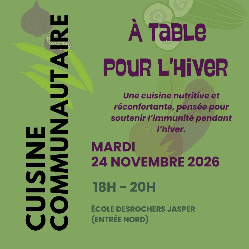 Text announcing a community kitchen event for winter is layered over a green background featuring faint illustrations of vegetables.