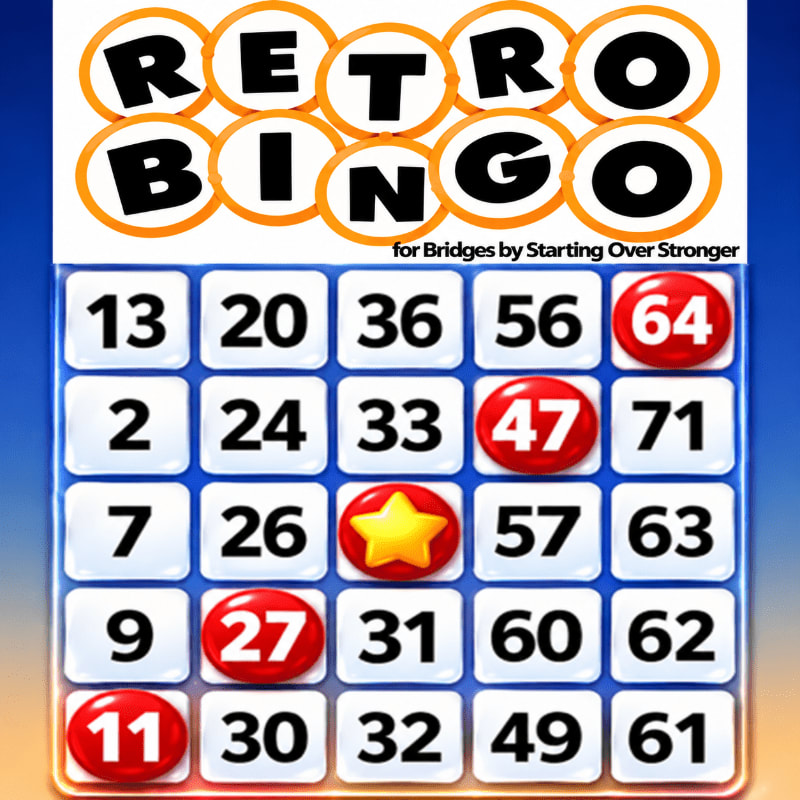 A bingo card with several red markers and a gold star sits in the foreground against a blue background with the words "RETRO BINGO" written in orange circles.