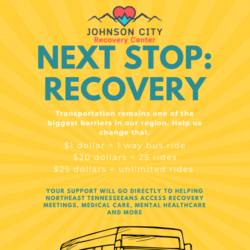 Blue and white text promoting a recovery center's transportation fund is set against a yellow sunburst background with a bus illustration at the bottom.