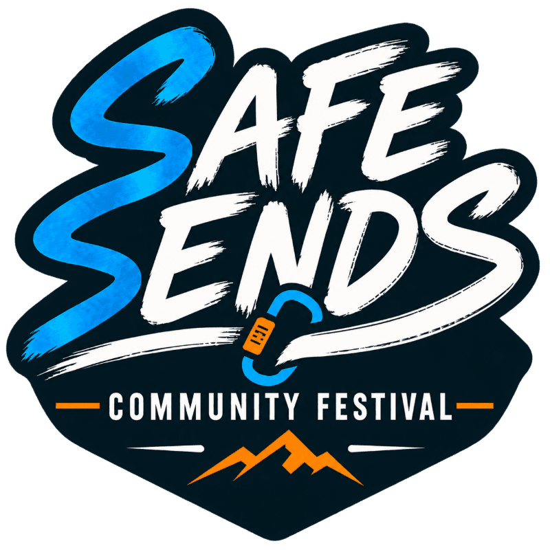 Stylized blue and white text reading "SAFE SENDS COMMUNITY FESTIVAL" with a carabiner and orange mountains set against a dark navy background.