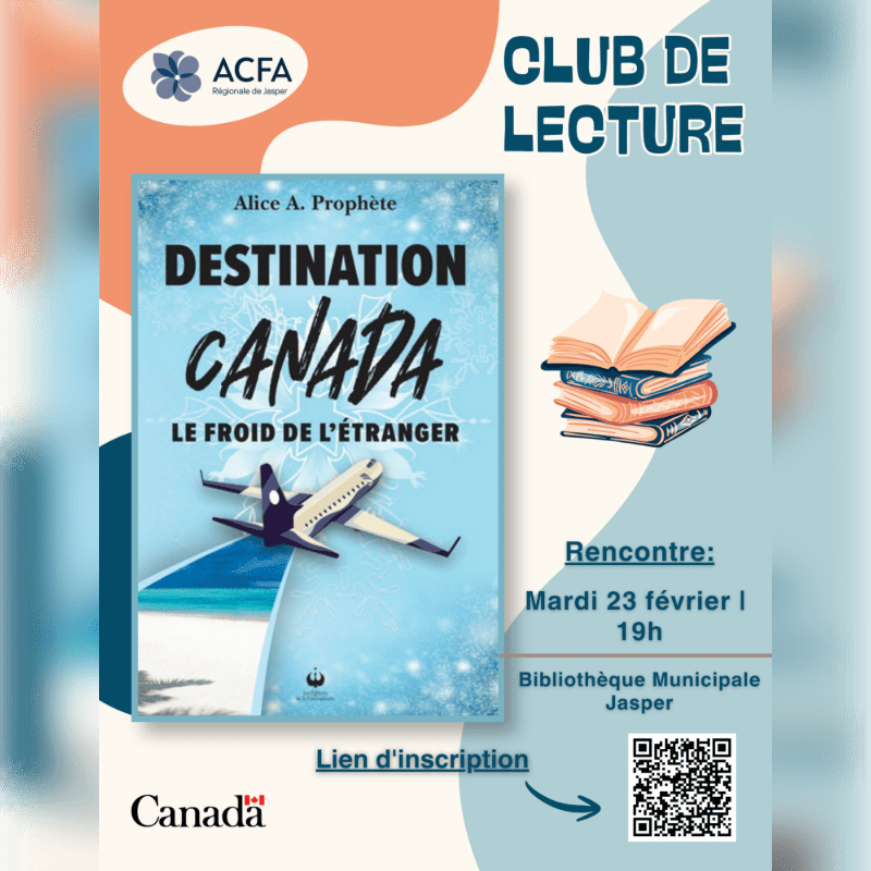 A book cover for "Destination Canada" and a stack of books sit in the foreground against a light blue and orange background featuring event details for a reading club.