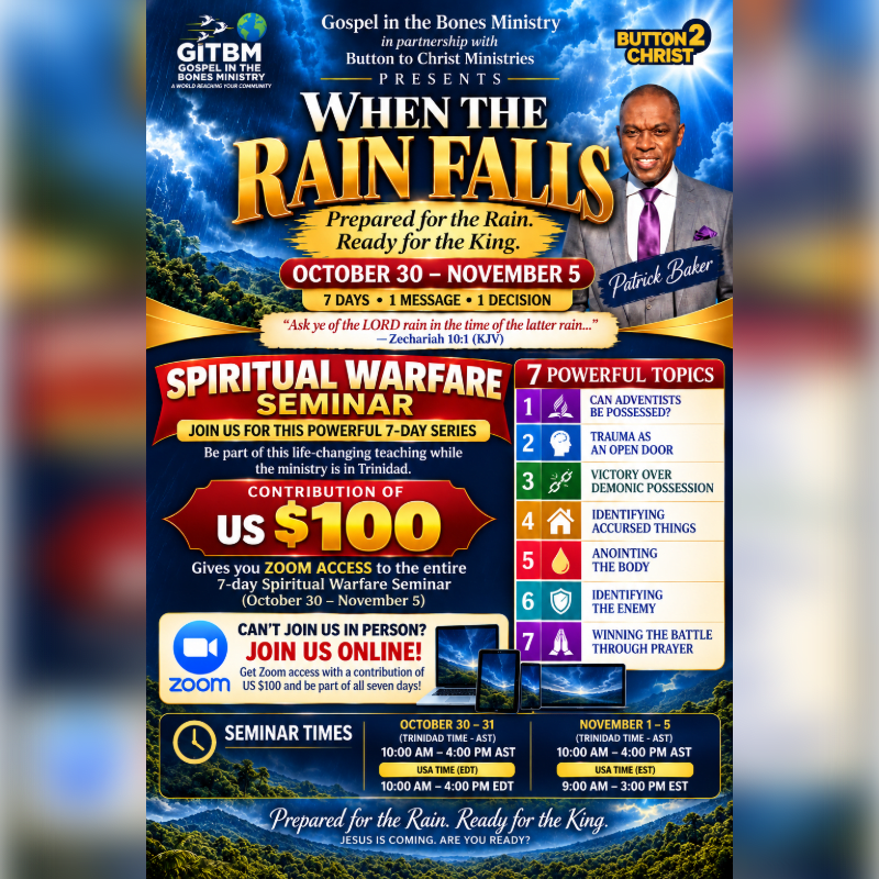 A promotional flyer for a "Spiritual Warfare Seminar" featuring Patrick Baker is set against a dramatic background of stormy clouds and a lush green landscape.