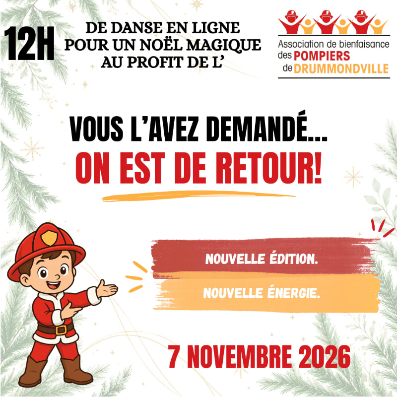 A cartoon firefighter in a Santa suit stands in the foreground pointing to a poster announcing a return of line dancing for a magical Christmas, with a festive garland framing the background.