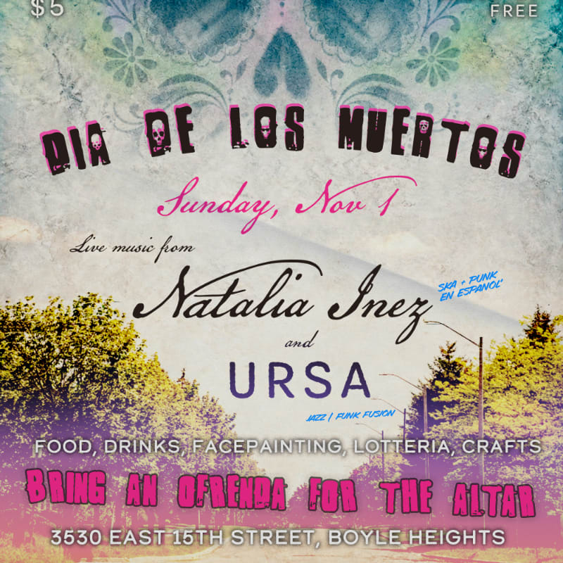 A colorful Dia de los Muertos event flyer with bold text and artist names in the foreground set against a background of a stylized skull pattern and a sunny street scene with trees.