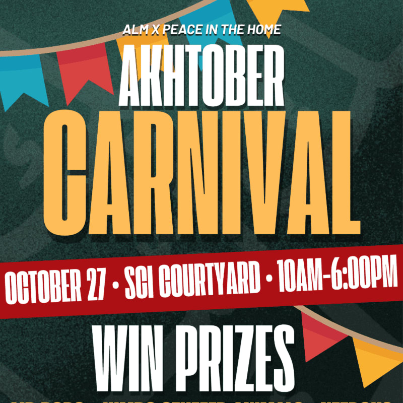 Bold yellow and white text announcing an "Akhtober Carnival" sits in the foreground over a dark green background decorated with colorful carnival bunting.
