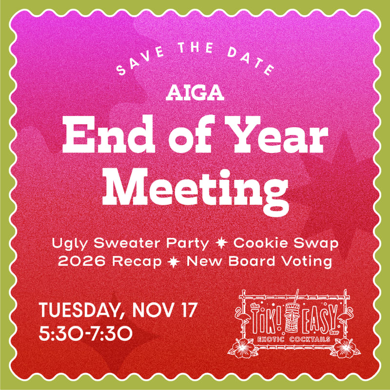 White text announcing an AIGA End of Year Meeting is centered over a vibrant pink and red gradient background with a scalloped green border.