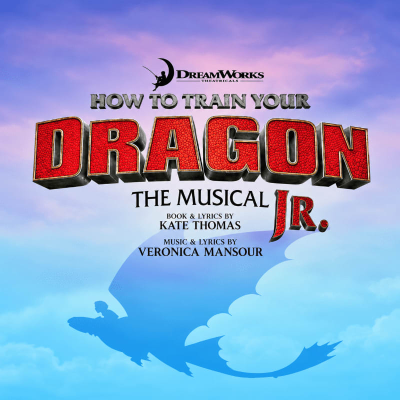 Bold red text for "How to Train Your Dragon The Musical Jr." sits in the foreground against a background of a blue sky with a silhouette of a person riding a dragon.
