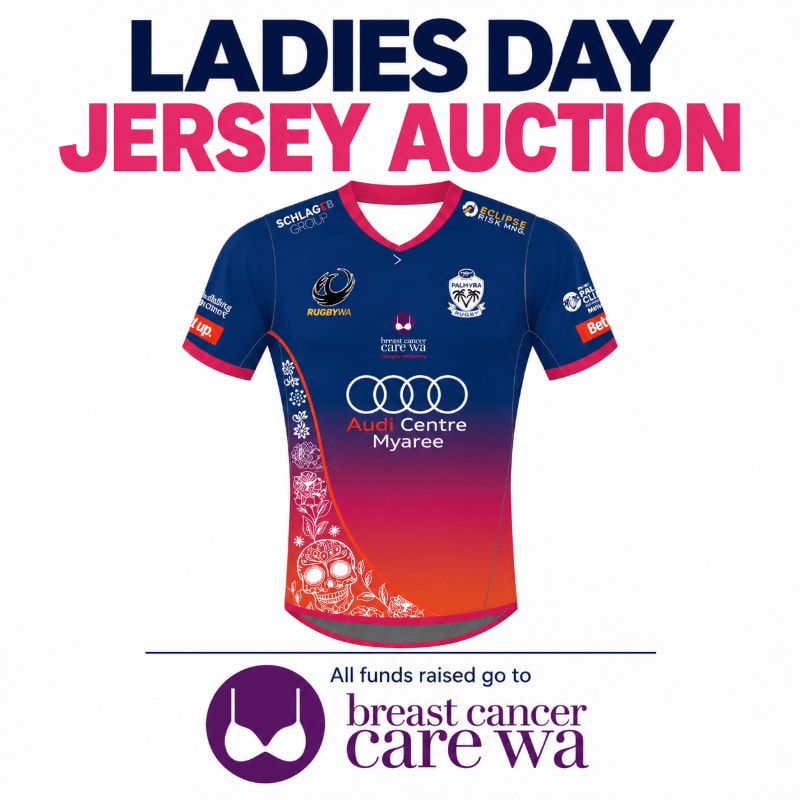 A colorful rugby jersey with floral and skull designs sits centered against a white background with promotional text for a breast cancer charity auction.