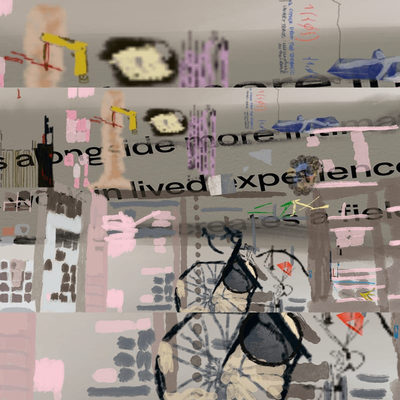 Abstract digital art featuring fragmented shapes and text in the foreground against a muted, layered grey background.