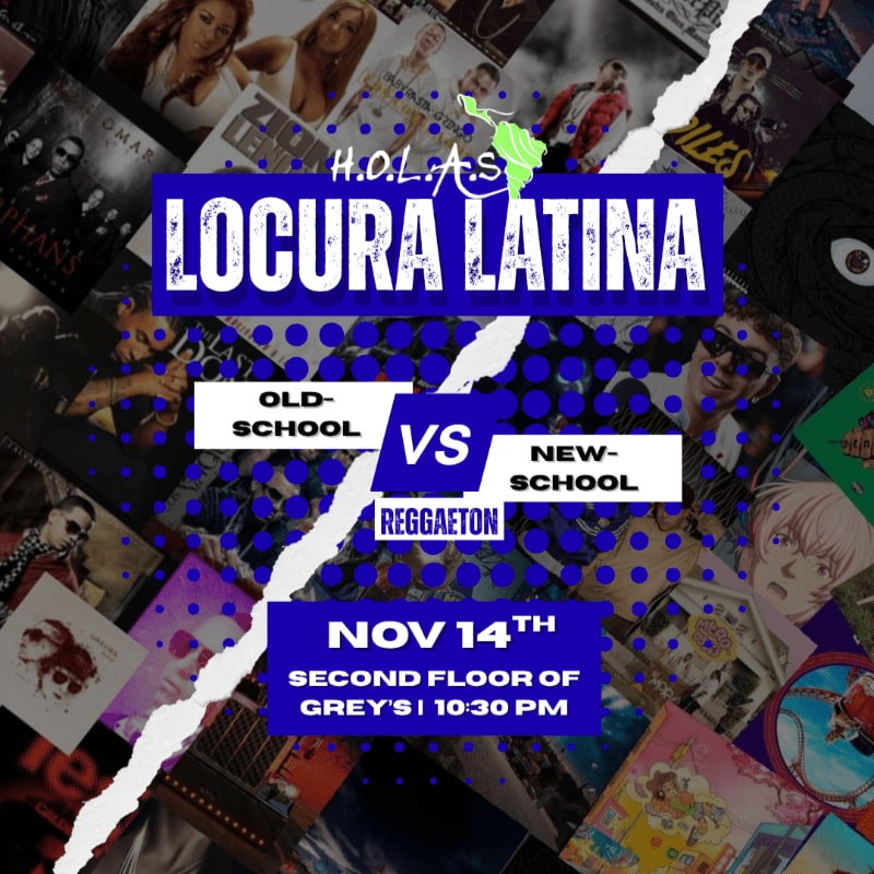 A blue and white event flyer for "Locura Latina" featuring "Old-School vs New-School Reggaeton" is layered over a collage of various music album covers.
