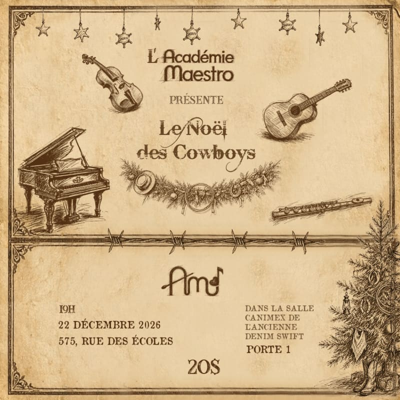 A vintage-style event poster features musical instruments and festive decorations in the foreground against a weathered, parchment-like background.