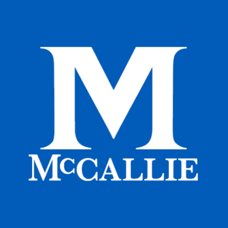 A large white letter "M" and the word "MCCALLIE" are centered against a solid blue background.