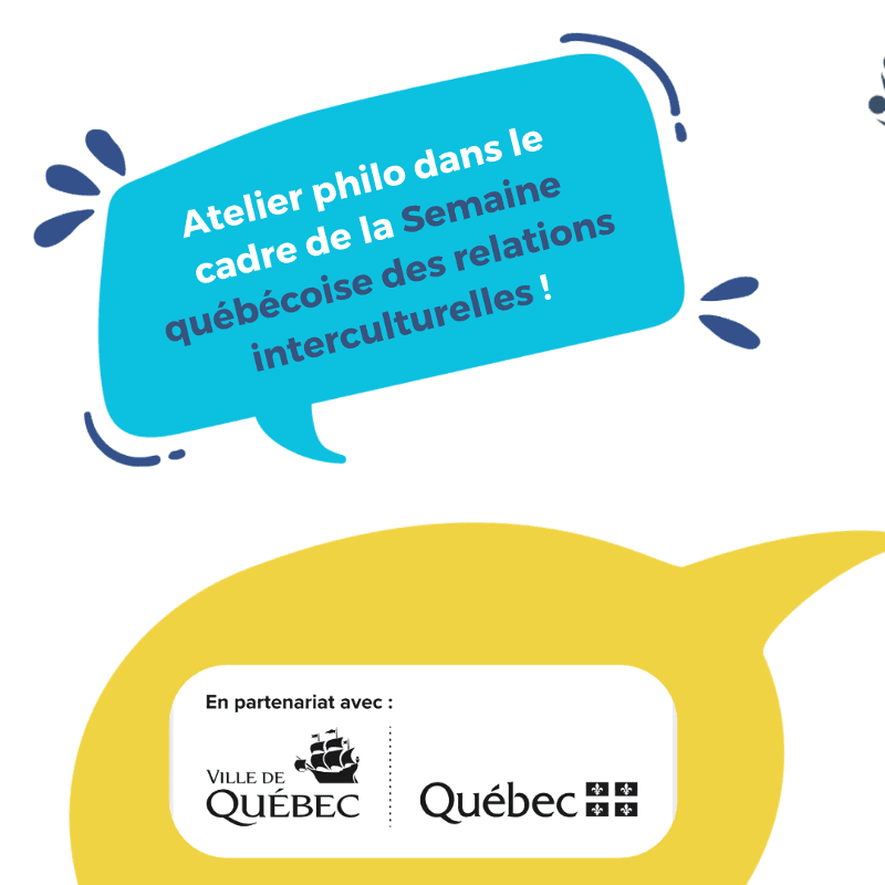 A blue speech bubble with French text sits above a larger yellow speech bubble containing partner logos against a plain white background.