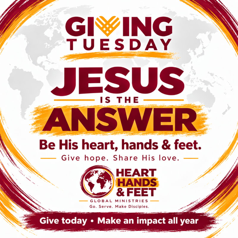 Bold red and yellow text promoting "Giving Tuesday" and "Jesus is the Answer" sits atop a faded grey world map background framed by a circular brushstroke border.