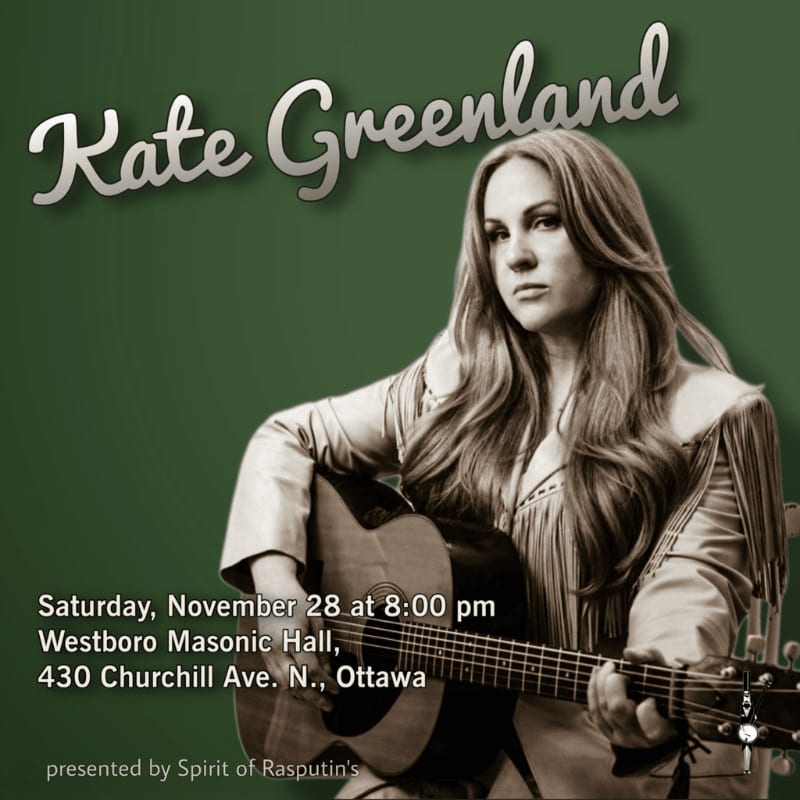 A woman with long hair holding an acoustic guitar is positioned in the foreground against a solid green background with text.