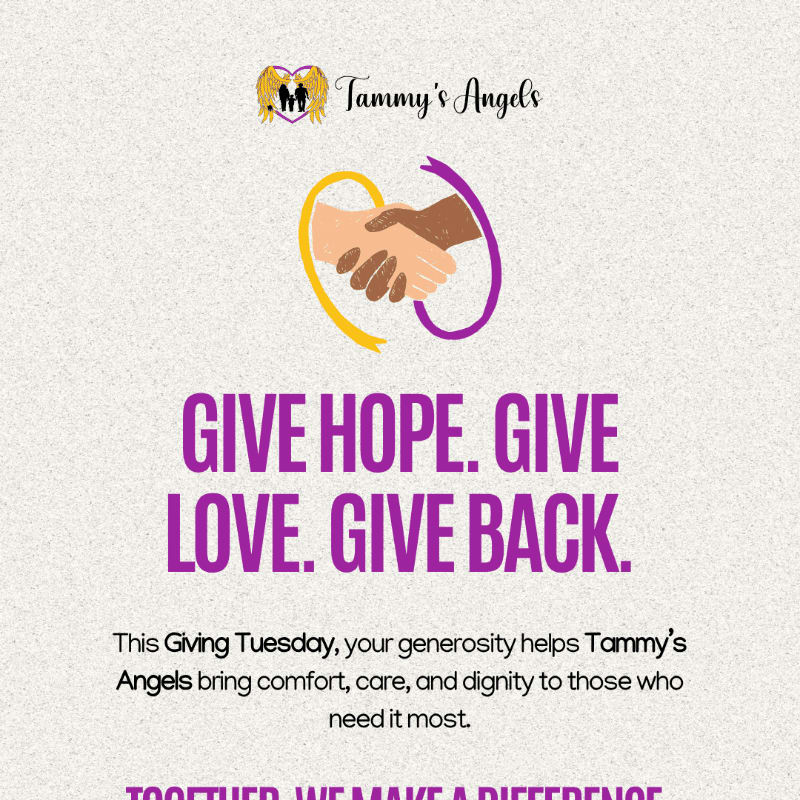 Purple and gold text and an illustration of two hands shaking are centered on a light gray textured background.