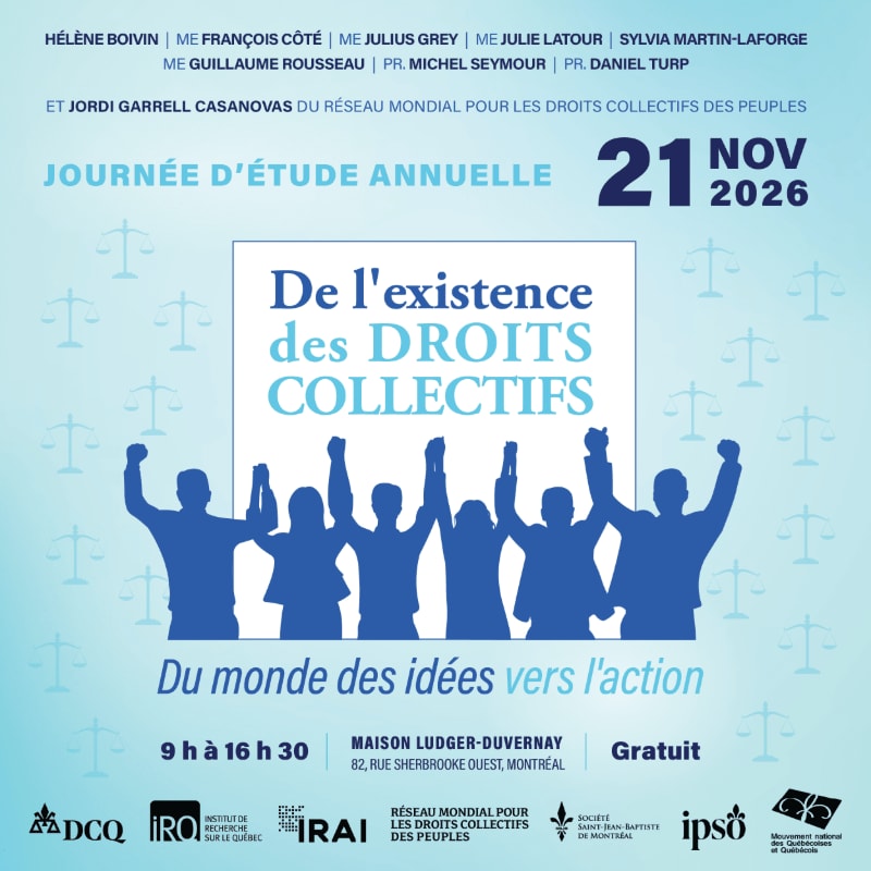A blue and white event poster featuring silhouettes of people with raised arms in the foreground against a background of light blue scales of justice.