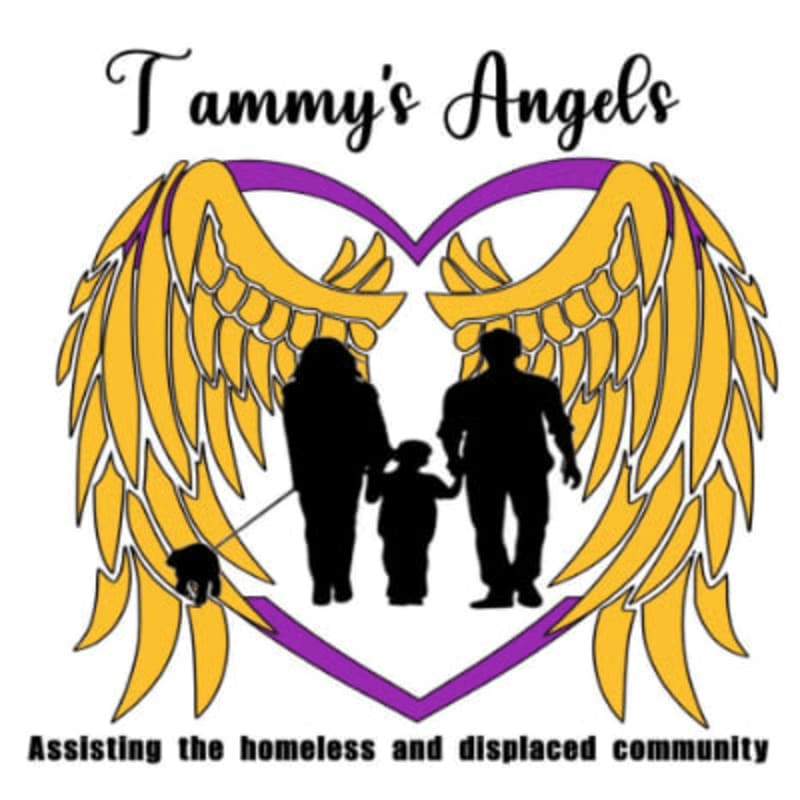 Silhouetted figures of a family and their dog stand in the foreground, framed by golden wings and a purple heart outline against a white background with text.