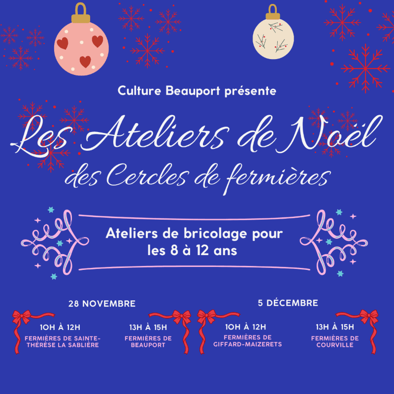 White and blue text announcing Christmas workshops for children is centered over a dark blue background decorated with snowflakes and ornaments.