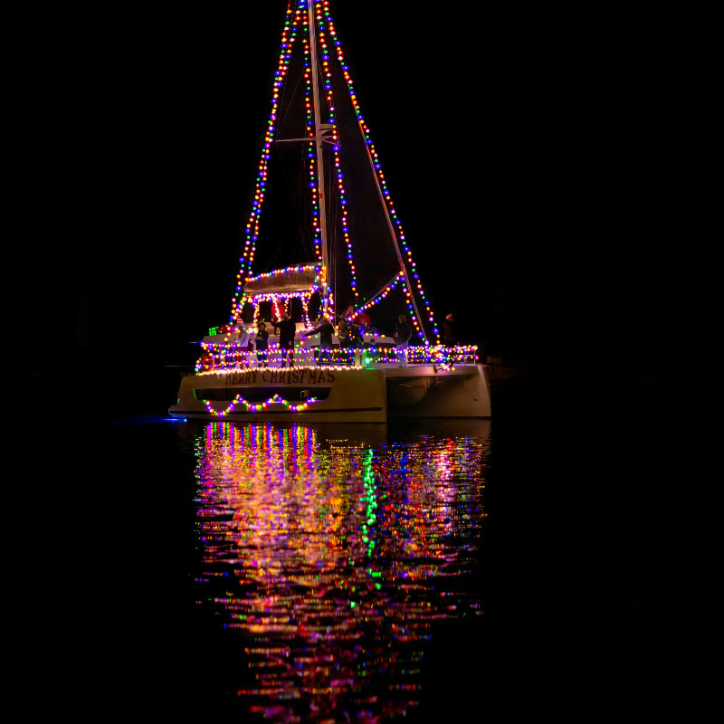 A sailboat decorated with colorful lights at night