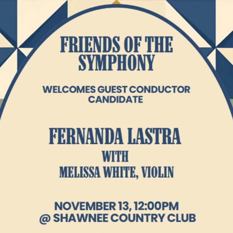 Blue and white text announcing a performance by Fernanda Lastra and Melissa White is centered on a cream-colored oval against a geometric blue and white background.