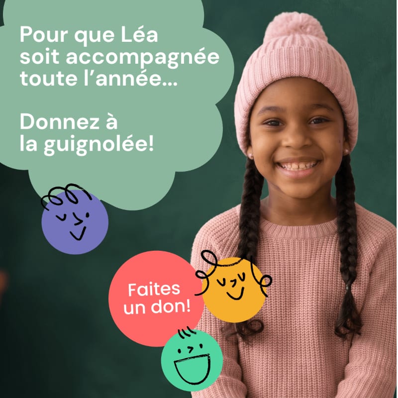 A smiling young girl in a pink hat and sweater stands in the foreground against a dark green background featuring French text and colorful graphic circles.