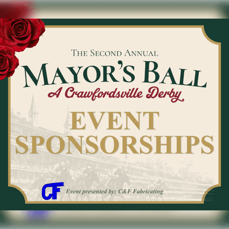 Text announcing "The Second Annual Mayor's Ball Event Sponsorships" is centered over a faded image of horse racing, with red roses decorating the top left corner.