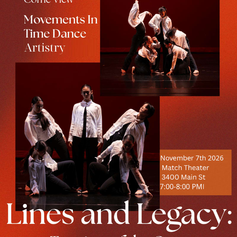 Dancers in white shirts and black pants perform on a dark stage against a deep red background.
