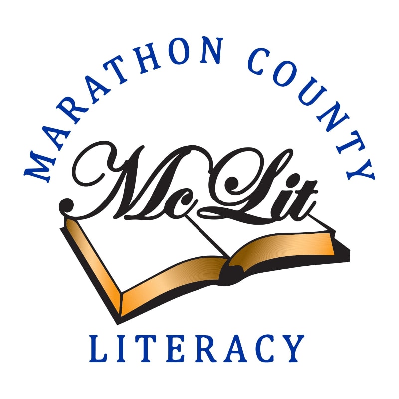 A logo featuring the text "Marathon County Literacy" and "McLit" surrounding an open book against a plain white background.
