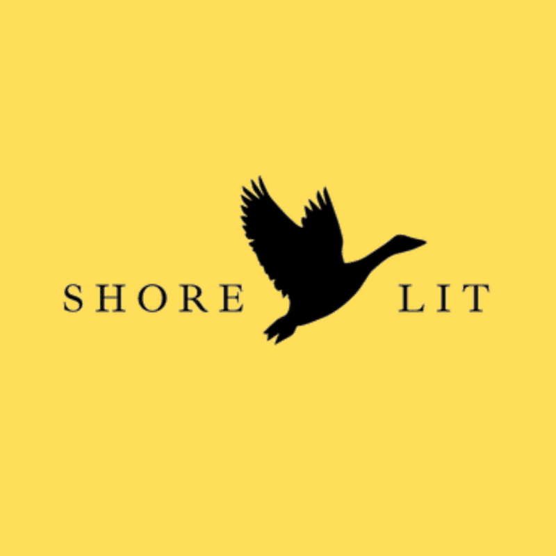 A black silhouette of a flying bird and the text "SHORE LIT" are centered on a solid yellow background.