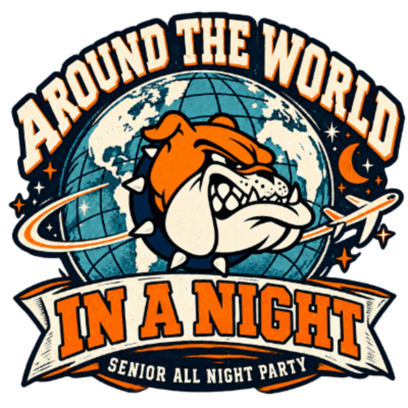 An orange bulldog mascot is positioned in the foreground against a background of a blue globe, a crescent moon, and a flying airplane, all framed by the text "Around the World in a Night."