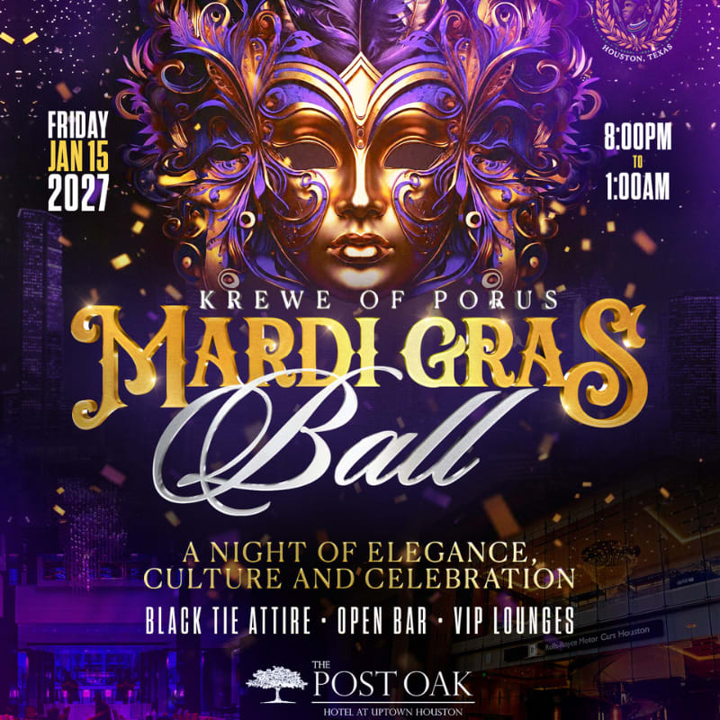 A vibrant Mardi Gras Ball invitation features a detailed mask in the foreground and event details against a dark, celebratory background.