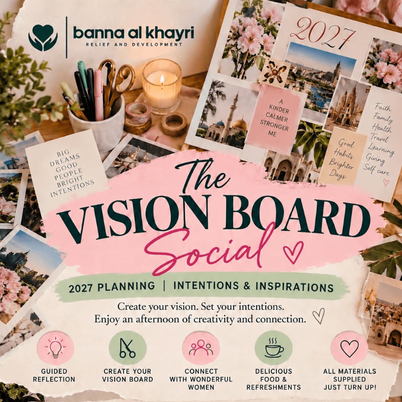 A promotional flyer for "The Vision Board Social" is overlaid on a background of craft supplies, photos, and a candle.