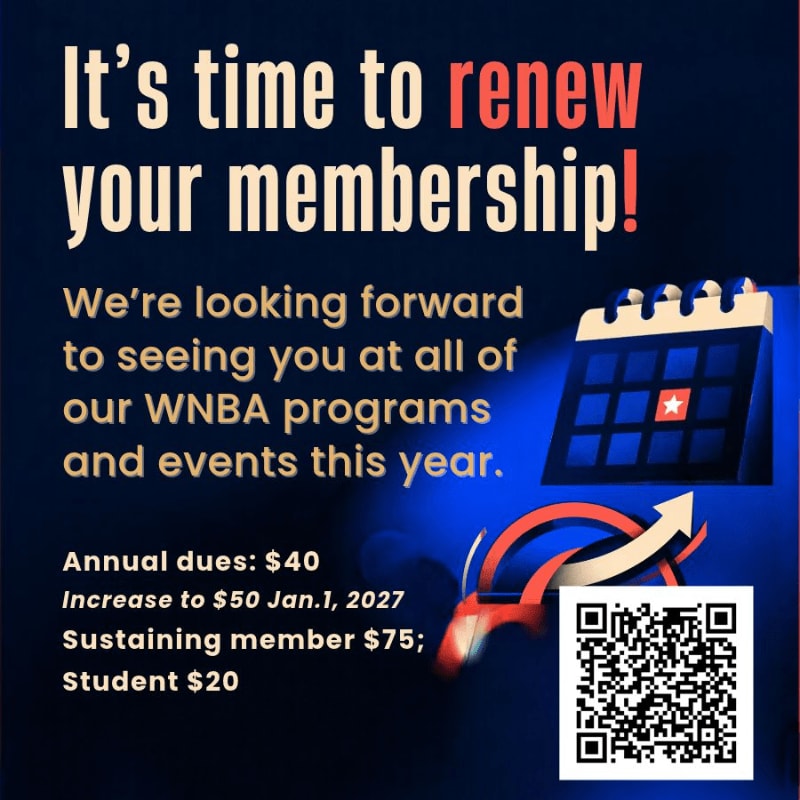 Text announcing membership renewal and pricing is displayed in the foreground against a dark blue background featuring a calendar and a QR code.
