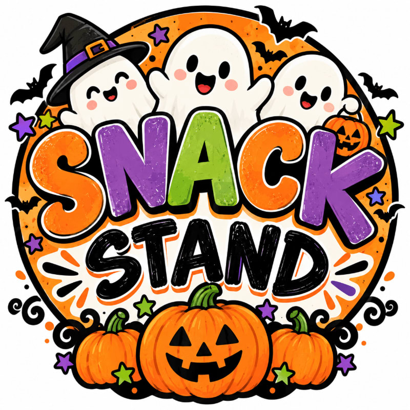 Three smiling ghosts and carved pumpkins surround the words "SNACK STAND" against a circular orange background filled with bats and stars.