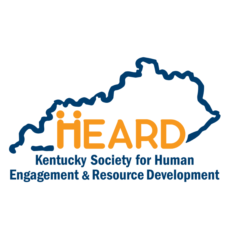 The foreground features the orange and blue "HEARD" logo with the text "Kentucky Society for Human Engagement & Resource Development" below it, all set against a white background that outlines the shape of Kentucky.