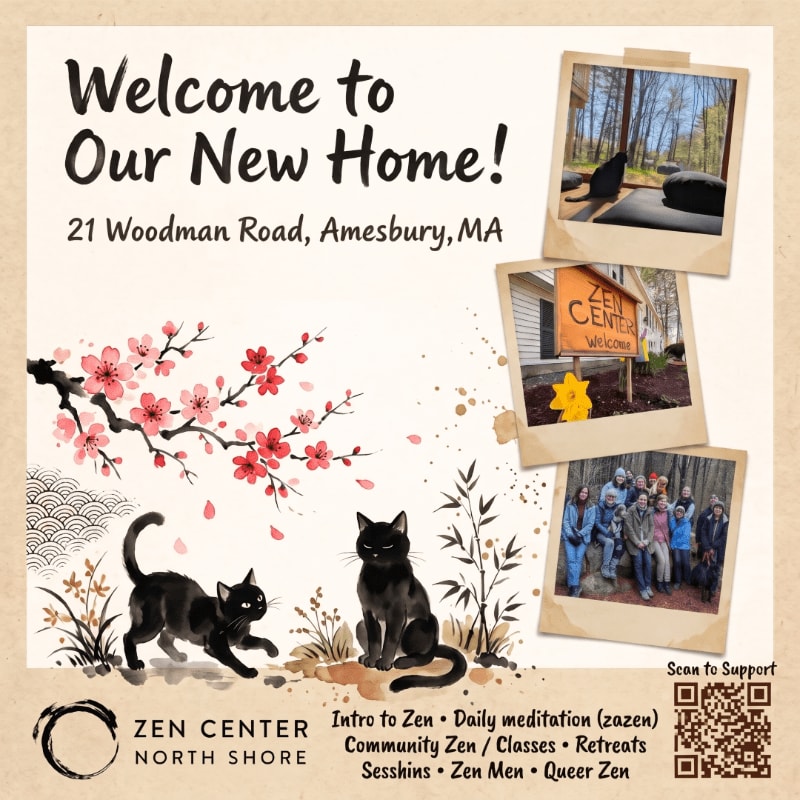 A promotional flyer featuring black cats and cherry blossoms in the foreground against a light beige background with photos and text.