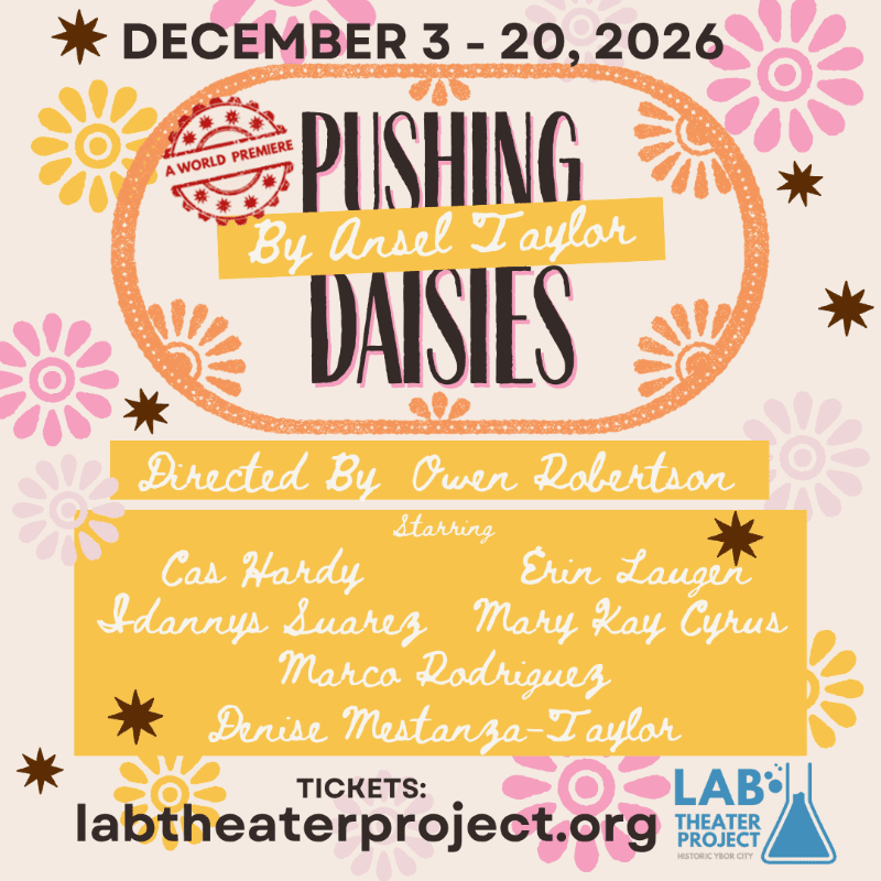A theater poster for "Pushing Daisies" features bold text and cast credits in the foreground against a light beige background decorated with colorful stylized flowers and stars.