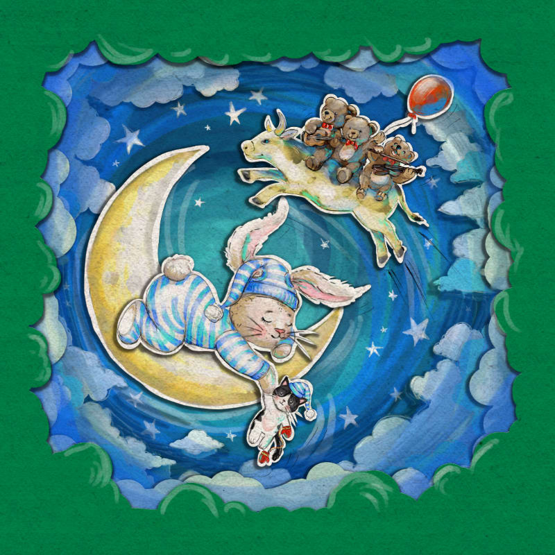 A sleeping rabbit in striped pajamas rests on a crescent moon while teddy bears ride a jumping cow across a starry blue night sky.