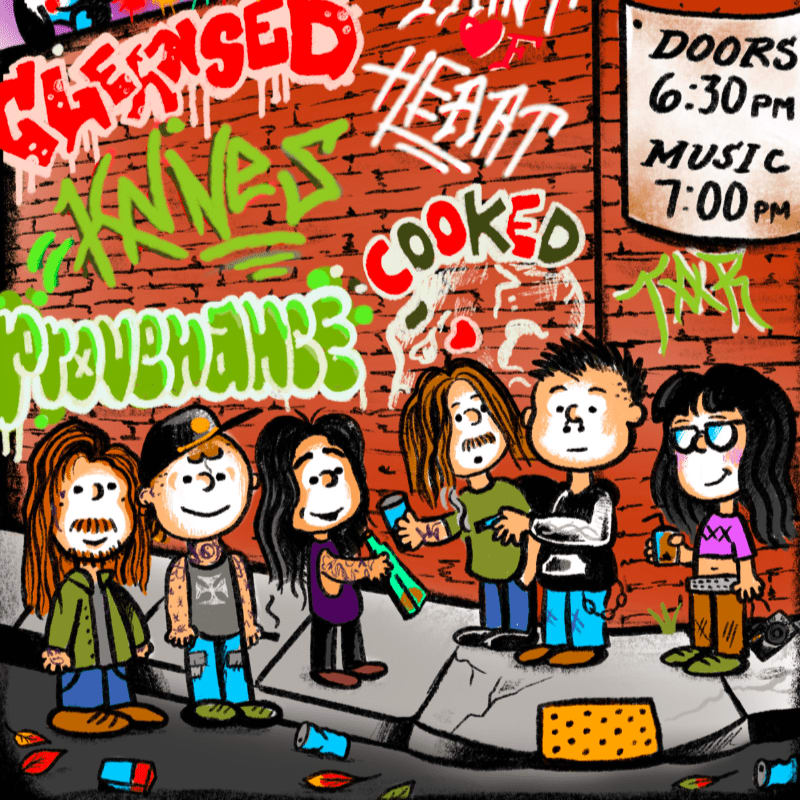 Five cartoon characters stand in the foreground against a red brick wall covered in colorful graffiti and a concert poster in the background.