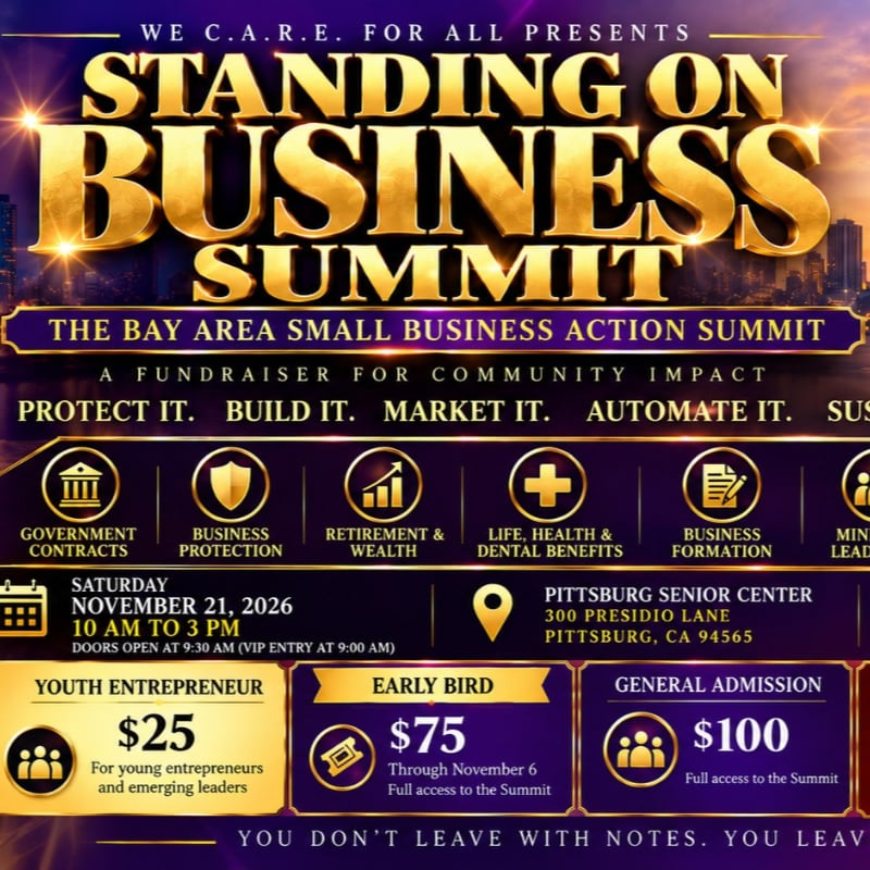 Bold gold text for a business summit dominates the foreground against a blurred city skyline background.