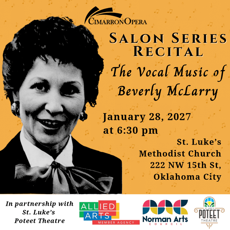 A black-and-white portrait of Beverly McLarry is positioned on the left against an orange background featuring event details and musical notes, with partner logos displayed in a white strip at the bottom.