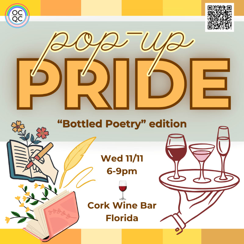 An event flyer for "Pop-up Pride: Bottled Poetry edition" features text and illustrations of a notebook, flowers, and a tray of wine glasses against a light blue and yellow background.