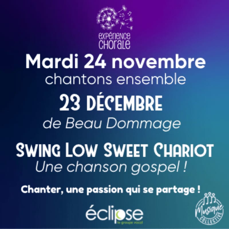 White and light blue text announcing choral events is centered over a gradient background transitioning from deep blue to purple.