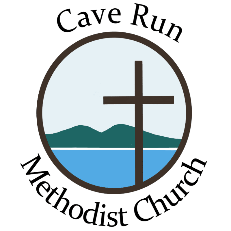A brown cross stands in the foreground of a circular emblem featuring green mountains and blue water against a light blue sky, surrounded by the text "Cave Run Methodist Church."
