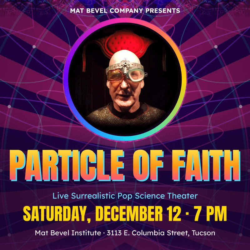 A man wearing steampunk goggles is centered in a colorful circular frame against a purple and blue psychedelic background with event text below.