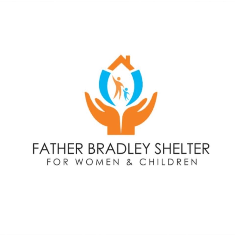 An orange and blue logo featuring cupped hands holding a family under a roof is centered on a plain white background above the text "FATHER BRADLEY SHELTER FOR WOMEN & CHILDREN".