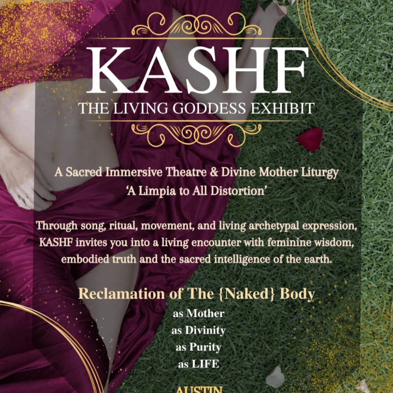 White text promoting "KASHF THE LIVING GODDESS EXHIBIT" is layered over a foreground of a person draped in purple fabric and a background of green grass.